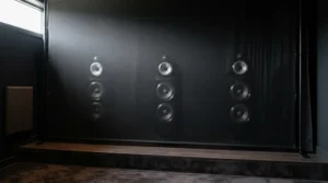 An acoustically transparent screen for Dolby Atmos setup positioned centrally over a front speaker array.