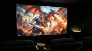 An acoustically transparent screen for Dolby Atmos setup balancing crisp visual clarity with sound transparency.
