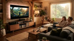 An acoustically transparent screen for Dolby Atmos setup installed in a modern British living room.