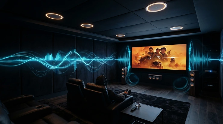 An acoustically transparent screen for Dolby Atmos setup enhancing multi-dimensional object-based audio immersion.
