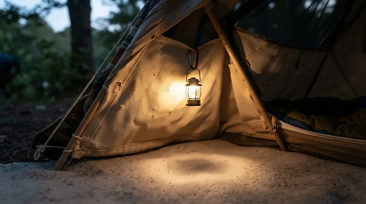 A battery-powered smart portable projector showing entertainment inside a glamping tent during a weekend getaway