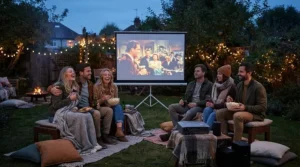People enjoying an outdoor cinema night in a back garden using a battery-powered wireless portable projector
