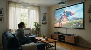 A daytime gaming session with dimmed curtains showing a clear image from a projector under £300 for gaming.