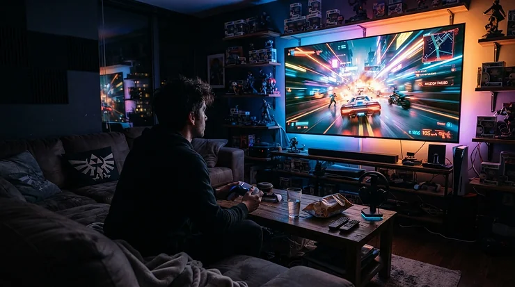 Affordable gaming projector under £300 set up for a vibrant living room gaming session
