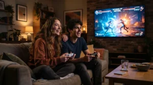 Two friends sitting on a sofa playing split-screen multiplayer using a budget projector under £300 for gaming.
