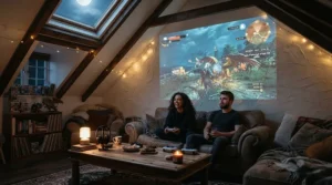 A sloping ceiling loft conversion transformed into a gaming den using a projector under £300 for gaming.