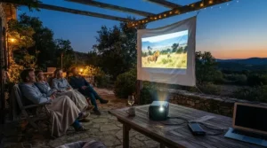 A compact smart portable projector set up on an outdoor table for a garden cinema evening with friends