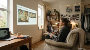 A compact smart projector for streaming box sets in a university student accommodation room