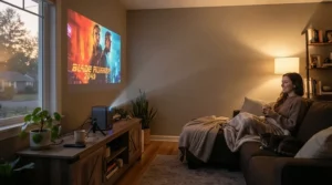 A compact wireless portable projector projecting a film onto a white wall in a cosy British living room