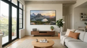 A stylish yet affordable entertainment space showcasing an entry-level fixed frame projector screen on a neutral coloured wall.