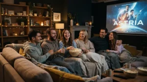 A family enjoying a weekend film screening together in front of a large fixed frame projector screen in their lounge.