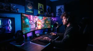 An immersive gaming den with RGB lighting highlighting a sleek fixed frame projector screen displaying a vibrant action game.