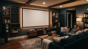 A cosy home cinema setup featuring a fixed frame projector screen mounted on a dark feature wall in a modern British living room.