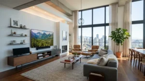 A contemporary city flat interior highlighting a minimalist fixed frame projector screen seamlessly integrated into the decor.