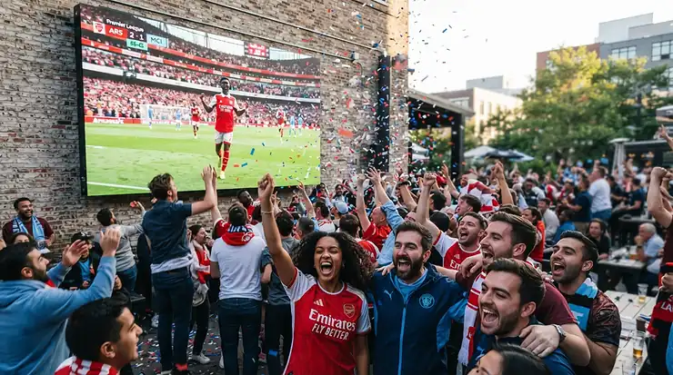 Friends cheering while watching a live football match on a large-format fixed frame projector screen at home.