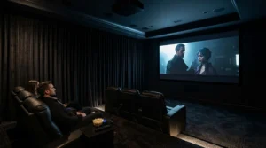 Ambient light control with a fixed frame screen for dedicated cinema room during a daytime screening.