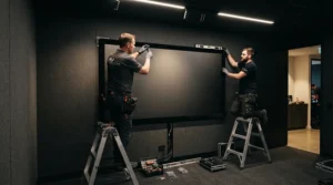 Installing a fixed frame screen for dedicated cinema room in a dark London basement conversion.