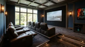 Luxury interior design featuring a custom fixed frame screen for dedicated cinema room in Edinburgh.