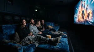 Family enjoying wide viewing angles on a fixed frame screen for dedicated cinema room in Manchester.