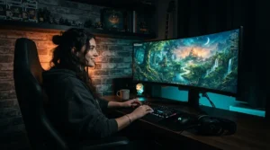 Immersive open-world gameplay rendered via a gaming projector under £1000 in a dark den.