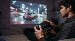 A gamer experiencing smooth 4K 60fps visuals using a gaming projector under £1000.