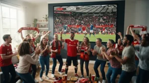 Friends watching a live football match on a gaming projector under £1000 during daylight hours.