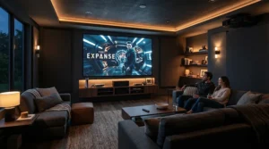 A gaming projector under £1000 mounted in a modern British living room ready for console play.