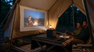 A portable visual display unit set up inside a tent to check how long does a battery projector last