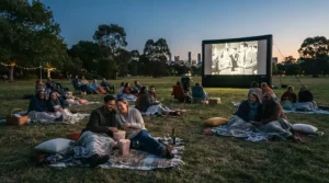 Friends watching an outdoor film screening in a UK garden to test how long does a battery projector last