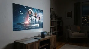 A compact media device playing a film in a cosy British living room to show how long does a battery projector last