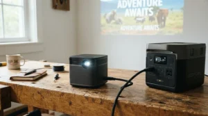 A portable projection unit plugged into a portable power station to check how long does a battery projector last