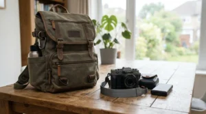A lightweight wireless portable projector sitting next to an open travel rucksack on a wooden desk