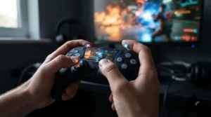 A close-up shot of a gaming controller in hand with a fast-paced action game displayed vividly via a projector under £300 for gaming.