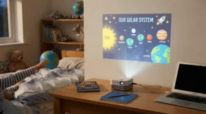 A smart portable projector projecting revision notes and slides onto a plain wall in a university halls bedroom