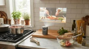 A mini smart projector for streaming cooking tutorials while preparing dinner in a kitchen