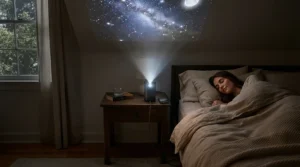 A mini wireless portable projector resting on a bedside table and beaming a show onto the bedroom ceiling