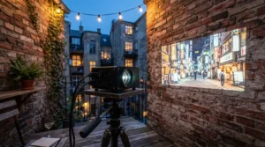 An outdoor projector under £300 displaying a movie on a small apartment balcony wall.