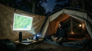 A compact outdoor projector under £300 used for film viewing outside a tent while camping.