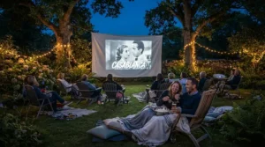 Family watching a movie on a screen using an outdoor projector under £300 in the garden.
