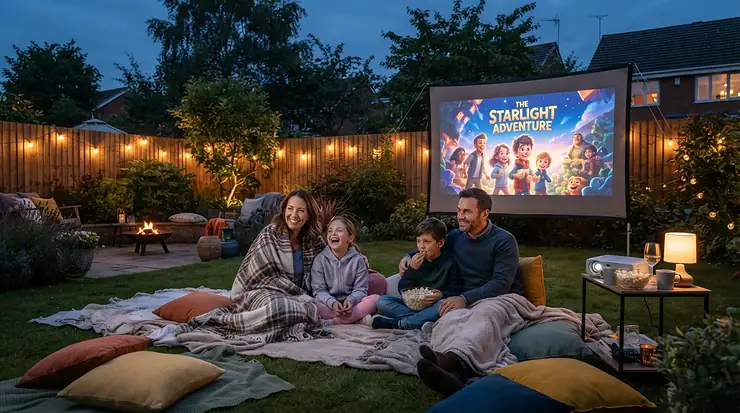 An outdoor projector under £300 set up for a family movie night in a suburban back garden