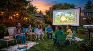 Children watching an animated film on an outdoor projector under £300 at a garden birthday party