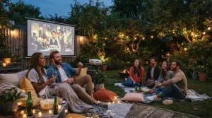Friends enjoying a summer barbecue with an outdoor projector under £300 showing sports on a brick wall