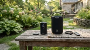 An outdoor projector under £300 paired with an external sound unit for garden cinema.