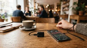A pocket-sized wireless portable projector connected to a smartphone on a café table