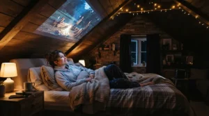 Someone relaxing in bed and watching a show using a compact portable projector under £500 pointed at the ceiling.