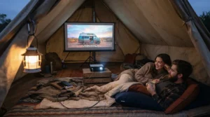 Camping entertainment powered by a battery-operated portable projector under £500 inside a large canvas tent.