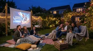 An outdoor garden cinema setup featuring a portable projector under £500 for al fresco film screenings.