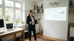 A freelancer practicing a slide deck presentation using a portable projector under £500 in a home office.