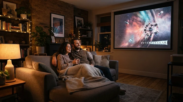 A family enjoying a movie night with their portable projector under £500 projecting onto a white living room wall.