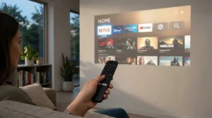 Navigating streaming apps on a smart portable projector under £500 connected to home Wi-Fi.